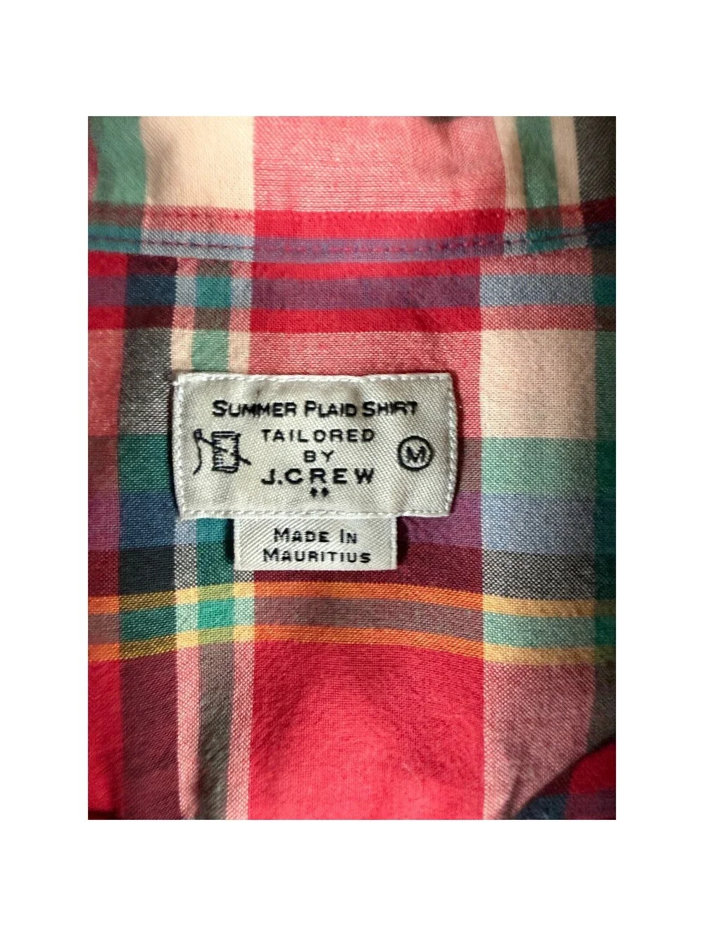 J. Crew Mens Summer Plaid Shirt Red Blue Green Tailored Fit Cotton  Size Medium